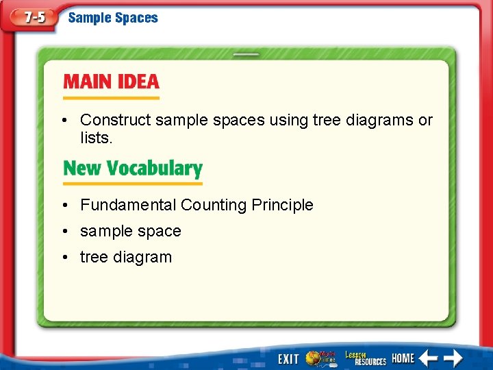  • Construct sample spaces using tree diagrams or lists. • Fundamental Counting Principle