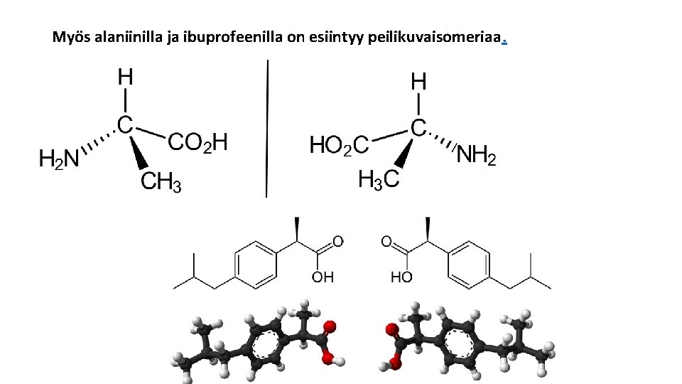 Myös alaniinilla ja ibuprofeenilla on esiintyy peilikuvaisomeriaa. 