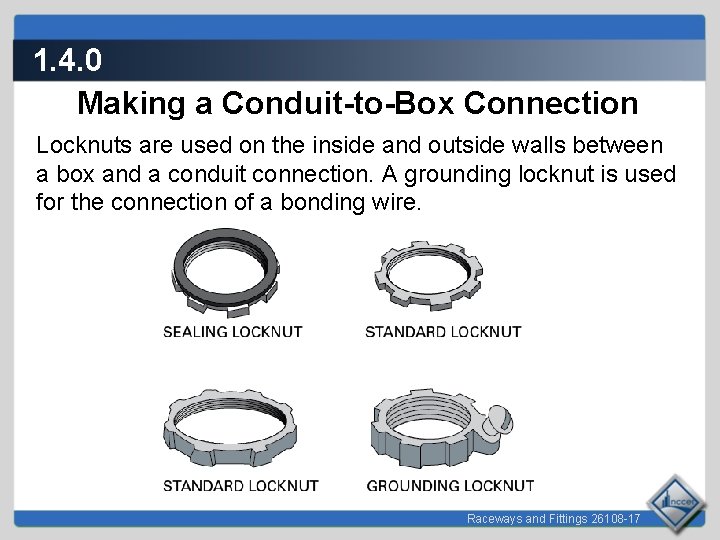 1. 4. 0 Making a Conduit-to-Box Connection Locknuts are used on the inside and