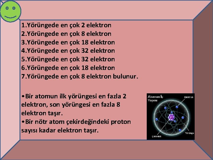 1. Yörüngede en çok 2 elektron 2. Yörüngede en çok 8 elektron 3. Yörüngede