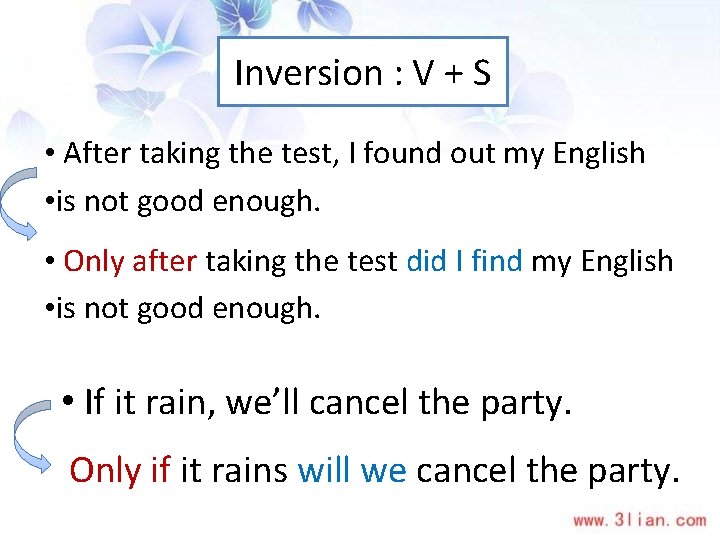 Inversion : V + S • After taking the test, I found out my