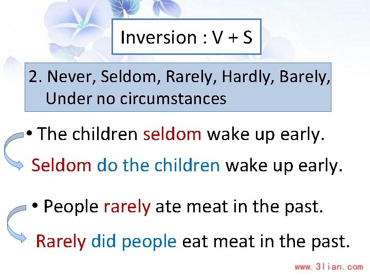 Inversion : V + S 2. Never, Seldom, Rarely, Hardly, Barely, Under no circumstances