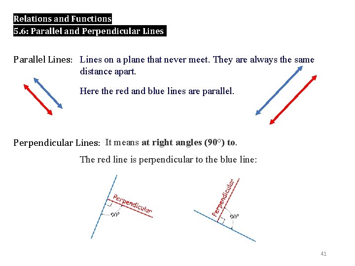 Relations and Functions 5. 6: Parallel and Perpendicular Lines Parallel Lines: Lines on a