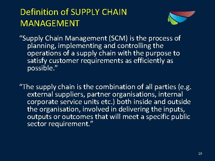 Definition of SUPPLY CHAIN MANAGEMENT “Supply Chain Management (SCM) is the process of planning,