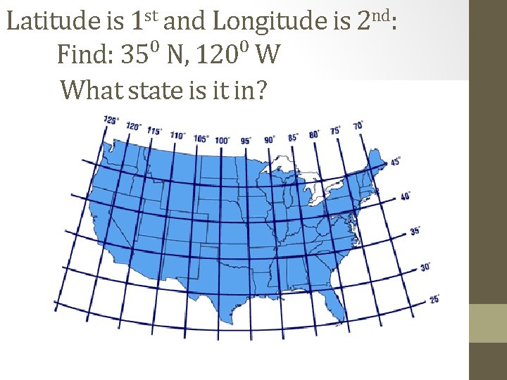 Latitude is 1 st and Longitude is 2 nd: Find: 35⁰ N, 120⁰ W