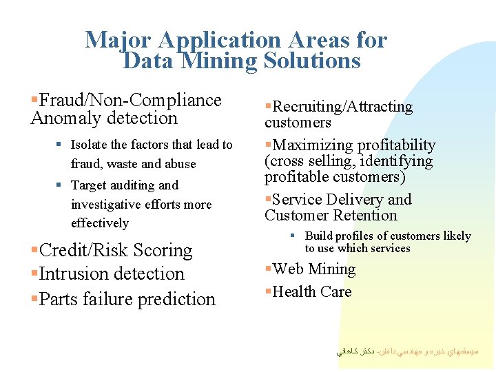 Major Application Areas for Data Mining Solutions §Fraud/Non-Compliance Anomaly detection § Isolate the factors Major Application Areas for Data Mining Solutions §Fraud/Non-Compliance Anomaly detection § Isolate the factors