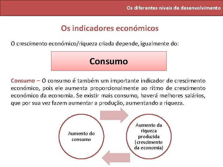 Os diferentes níveis de desenvolvimento Os indicadores económicos O crescimento económico/riqueza criada depende, igualmente