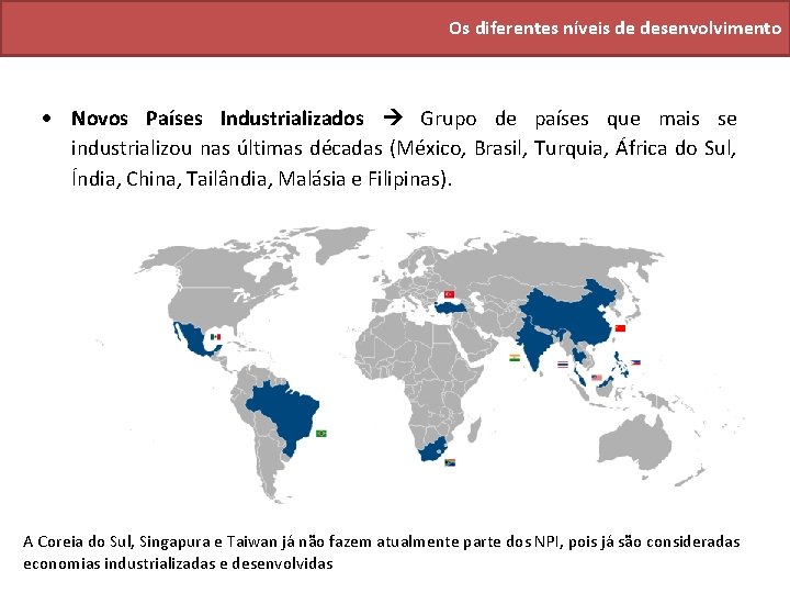 Os diferentes níveis de desenvolvimento Novos Países Industrializados Grupo de países que mais se