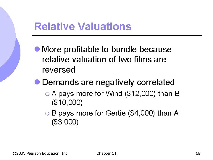 Relative Valuations l More profitable to bundle because relative valuation of two films are