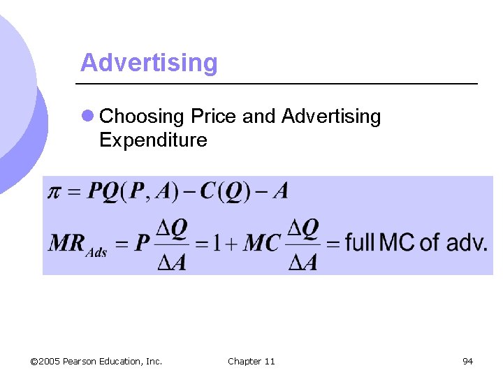 Advertising l Choosing Price and Advertising Expenditure © 2005 Pearson Education, Inc. Chapter 11