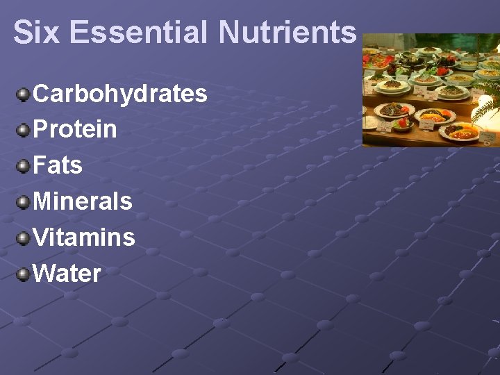 Six Essential Nutrients Carbohydrates Protein Fats Minerals Vitamins Water 