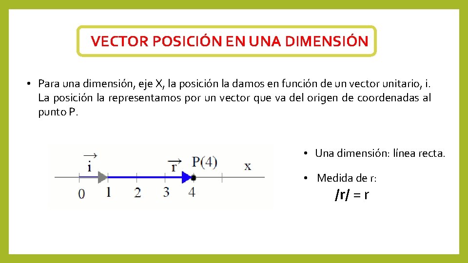 VECTOR POSICIÓN EN UNA DIMENSIÓN • Para una dimensión, eje X, la posición la