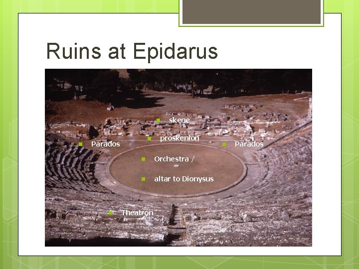 Ruins at Epidarus n n n Parados n skene proskenion n Orchestra / n