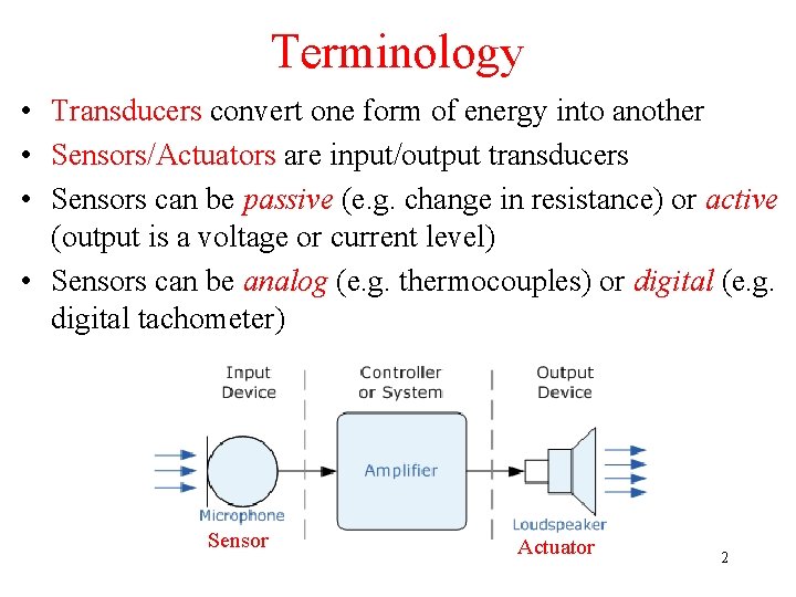 Terminology • Transducers convert one form of energy into another • Sensors/Actuators are input/output