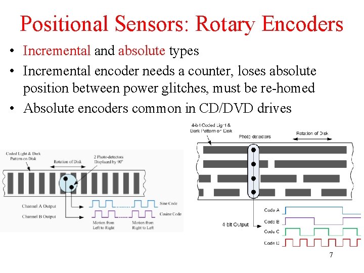 Positional Sensors: Rotary Encoders • Incremental and absolute types • Incremental encoder needs a