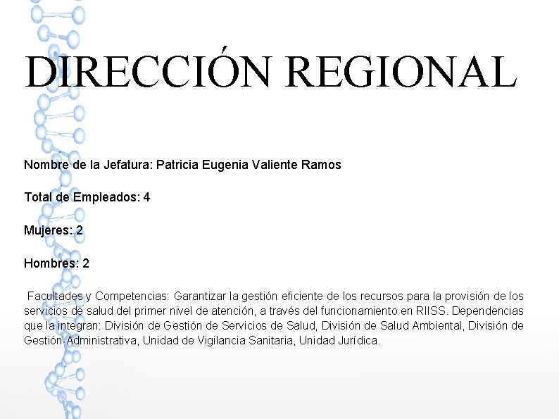 DIRECCIÓN REGIONAL Nombre de la Jefatura: Patricia Eugenia Valiente Ramos Total de Empleados: 4
