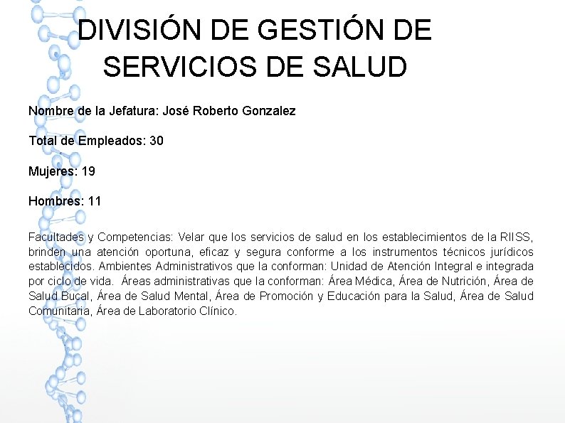 DIVISIÓN DE GESTIÓN DE SERVICIOS DE SALUD Nombre de la Jefatura: José Roberto Gonzalez