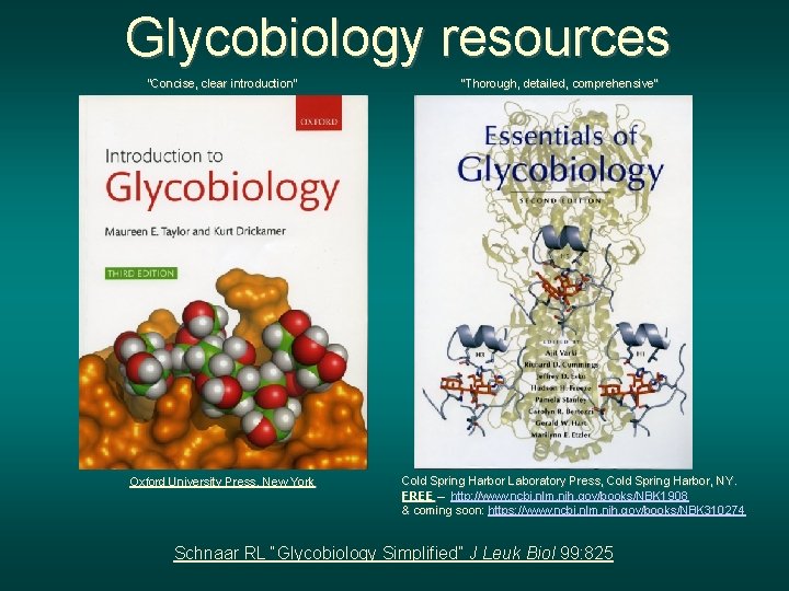Glycobiology resources “Concise, clear introduction” Oxford University Press, New York “Thorough, detailed, comprehensive” Cold