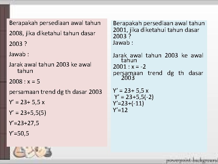 Berapakah persediaan awal tahun 2008, jika diketahui tahun dasar 2003 ? Jawab : Jarak