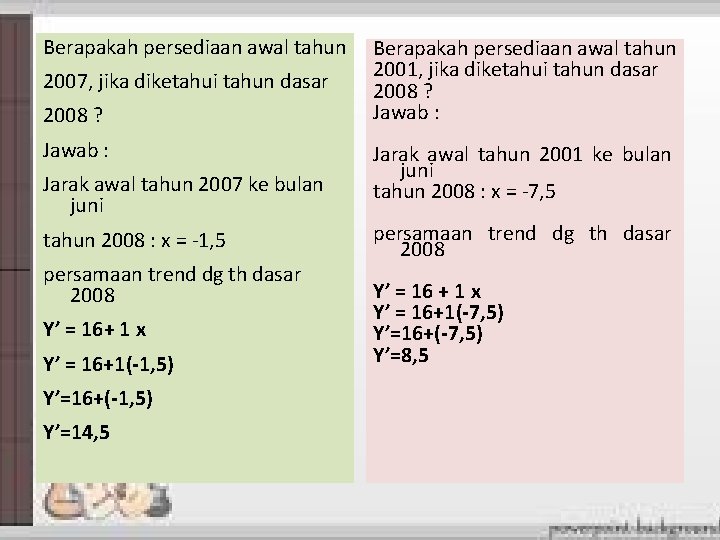 Berapakah persediaan awal tahun 2007, jika diketahui tahun dasar 2008 ? Jawab : Jarak