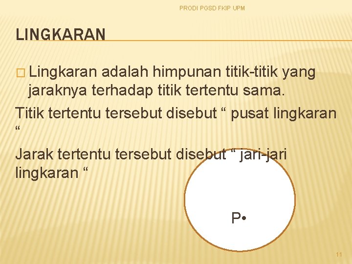 PRODI PGSD FKIP UPM LINGKARAN � Lingkaran adalah himpunan titik-titik yang jaraknya terhadap titik