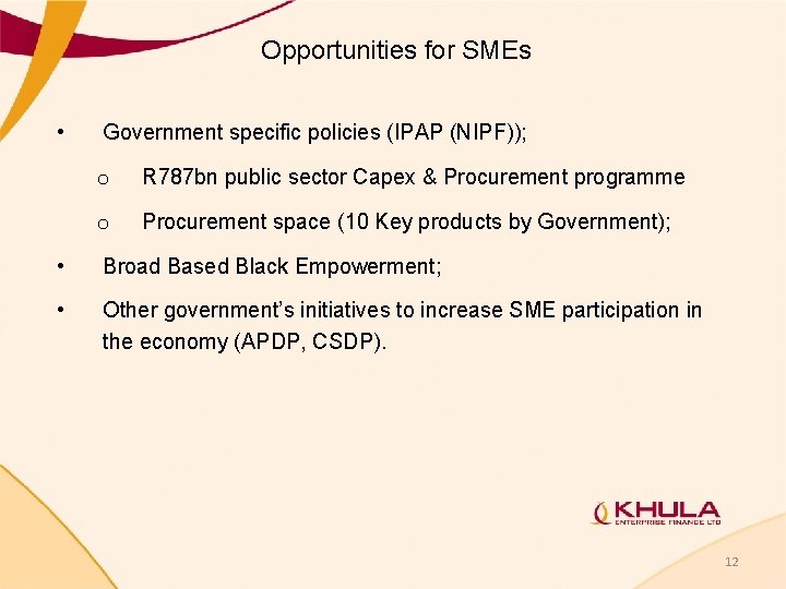 Opportunities for SMEs • Government specific policies (IPAP (NIPF)); o R 787 bn public Opportunities for SMEs • Government specific policies (IPAP (NIPF)); o R 787 bn public