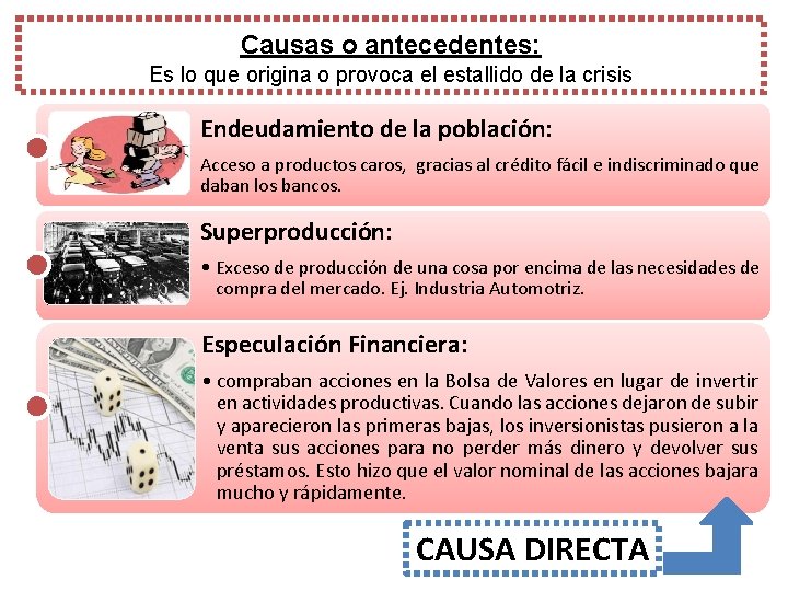 Causas o antecedentes: Es lo que origina o provoca el estallido de la crisis