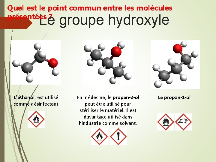 Quel est le point commun entre les molécules présentées ? Le groupe hydroxyle L’éthanol,