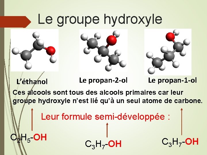 Le groupe hydroxyle L’éthanol Le propan-2 -ol Le propan-1 -ol Ces alcools sont tous