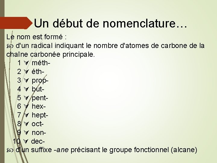 Un début de nomenclature… Le nom est formé : d'un radical indiquant le nombre