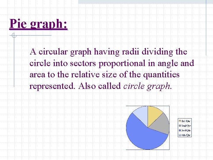 Pie graph: A circular graph having radii dividing the circle into sectors proportional in