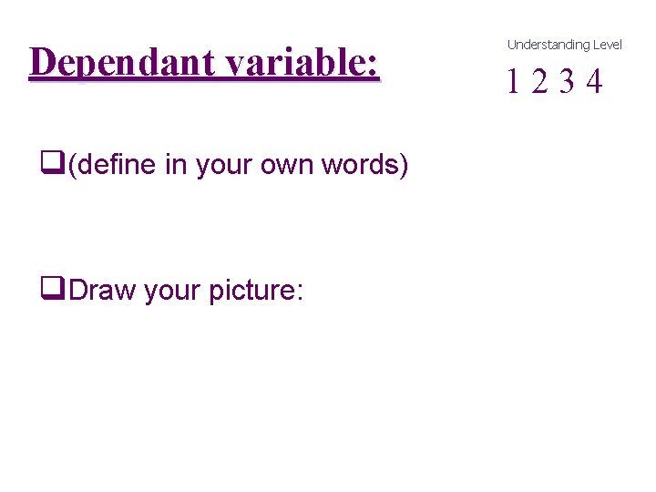 Dependant variable: q(define in your own words) q. Draw your picture: Understanding Level 1