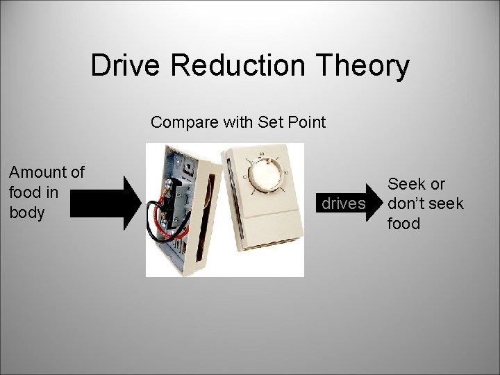 Drive Reduction Theory Compare with Set Point Amount of food in body drives Seek