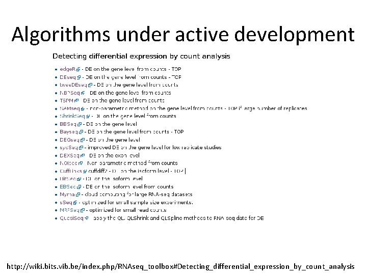 Algorithms under active development http: //wiki. bits. vib. be/index. php/RNAseq_toolbox#Detecting_differential_expression_by_count_analysis 