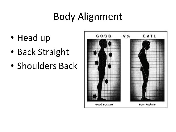 Body Alignment • Head up • Back Straight • Shoulders Back 