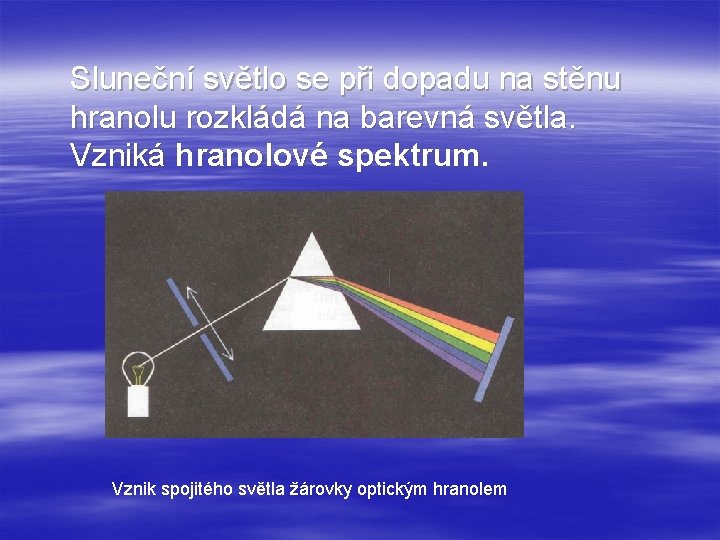 Sluneční světlo se při dopadu na stěnu hranolu rozkládá na barevná světla. Vzniká hranolové
