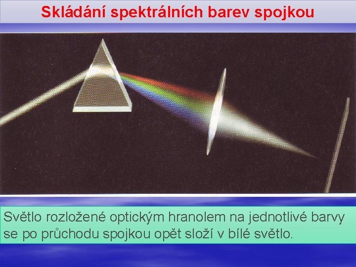 Skládání spektrálních barev spojkou Světlo rozložené optickým hranolem na jednotlivé barvy se po průchodu