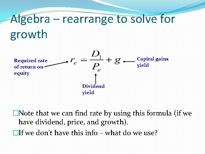 Algebra – rearrange to solve for growth Capital gains yield Required rate of return