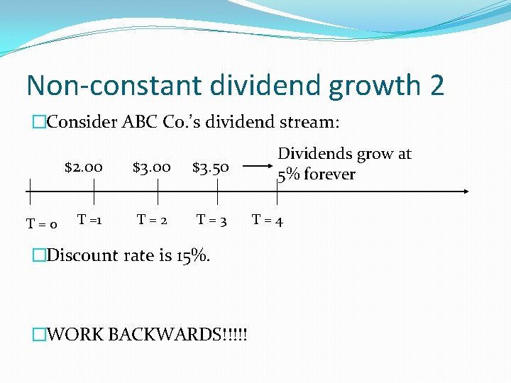 Non-constant dividend growth 2 �Consider ABC Co. ’s dividend stream: T=0 $2. 00 $3.