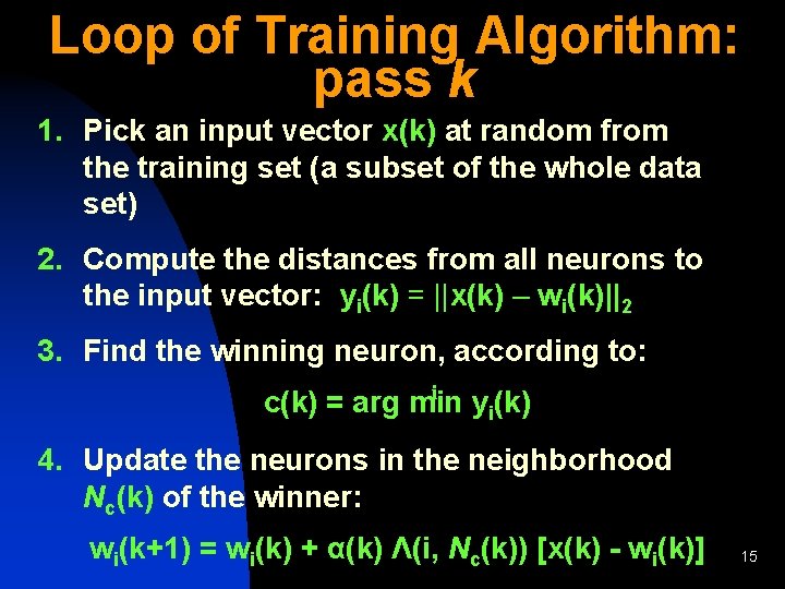 Loop of Training Algorithm: pass k 1. Pick an input vector x(k) at random