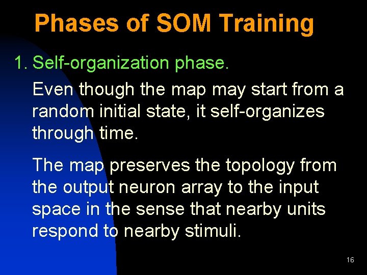 Phases of SOM Training 1. Self-organization phase. Even though the map may start from