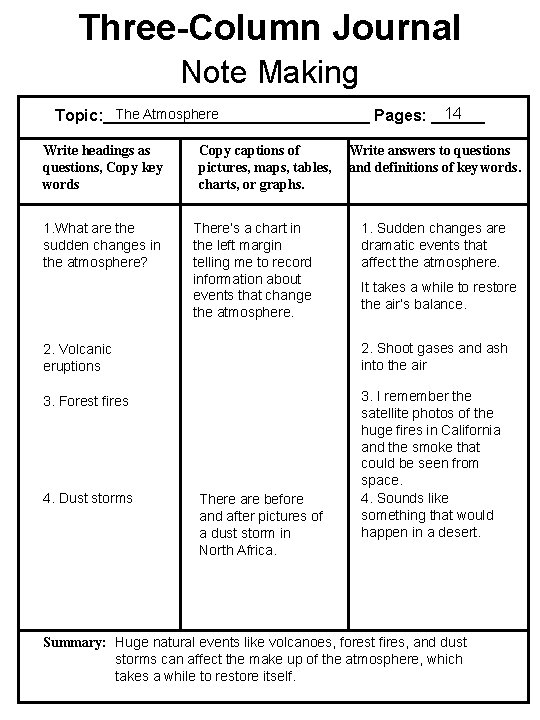 Three-Column Journal Note Making 14 The Atmosphere Topic: _______________ Pages: ______ Write headings as