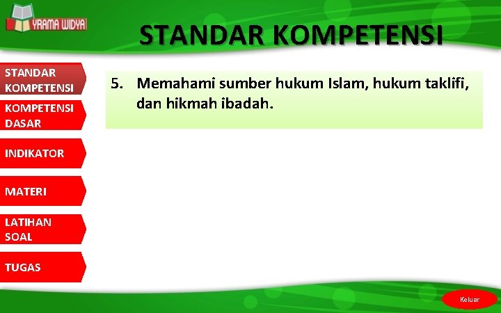 STANDAR KOMPETENSI KOMPETENSI DASAR 5. Memahami sumber hukum Islam, hukum taklifi, dan hikmah ibadah.