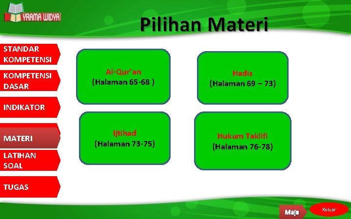 Pilihan Materi STANDAR KOMPETENSI DASAR Al-Qur’an (Halaman 65 -68 ) Hadis (Halaman 69 –