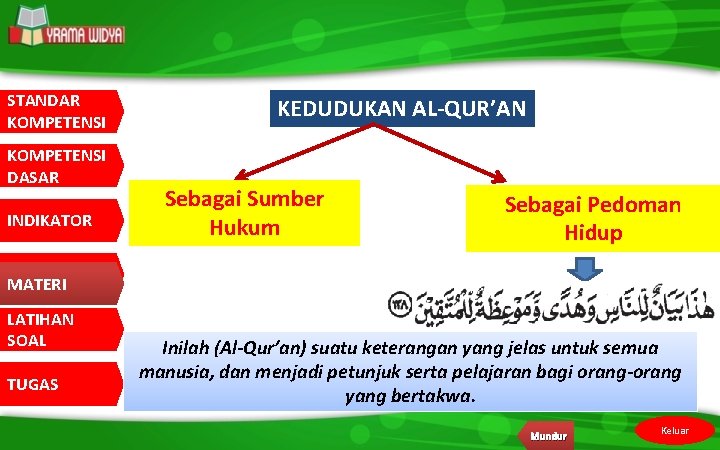 STANDAR KOMPETENSI DASAR INDIKATOR KEDUDUKAN AL-QUR’AN Sebagai Sumber Hukum Sebagai Pedoman Hidup MATERI LATIHAN