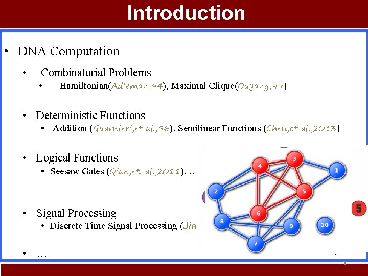 Introduction • DNA Computation • Combinatorial Problems • Hamiltonian(Adleman, 94), Maximal Clique(Ouyang, 97) •