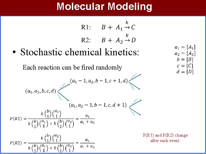 Molecular Modeling • Stochastic chemical kinetics: Each reaction can be fired randomly P(R 1)