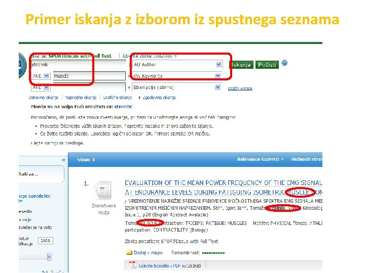 Primer iskanja z izborom iz spustnega seznama 