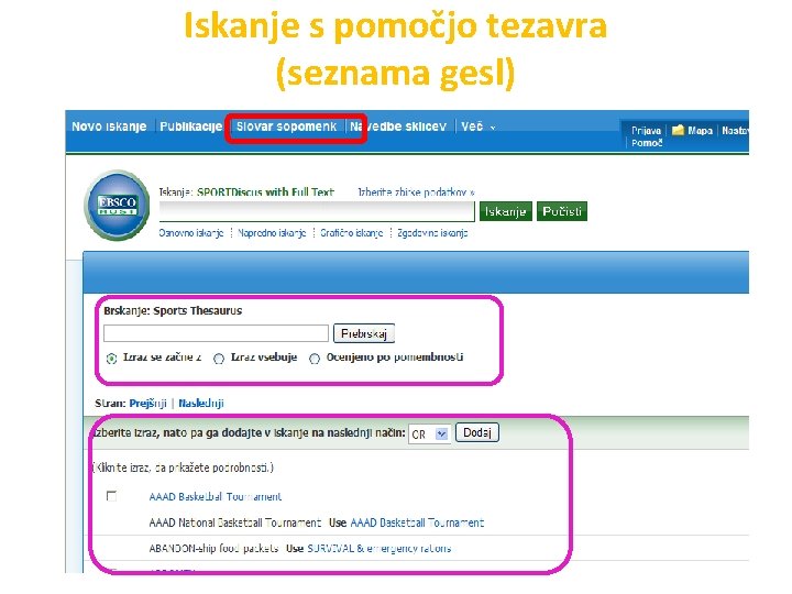 Iskanje s pomočjo tezavra (seznama gesl) 