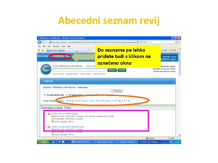 Abecedni seznam revij Do seznama pa lahko pridete tudi s klikom na označeno okno